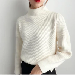 H.SA Women Winter Sweater Turtleneck Pullovers Vertical Solid Knit Pull Jumpers Beige Warm Thick Turtleneck Pull Femme 2021