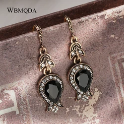 Wbmqda Black Stone Drop Earrings For Women Antique Gold Water Drop Crystal Wedding Earrings Vintage Jewelry Christmas Gifts