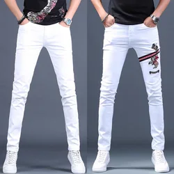 Men’s slimming white denim cotton pants low stretch prints decors jeans fashion casual pants for men