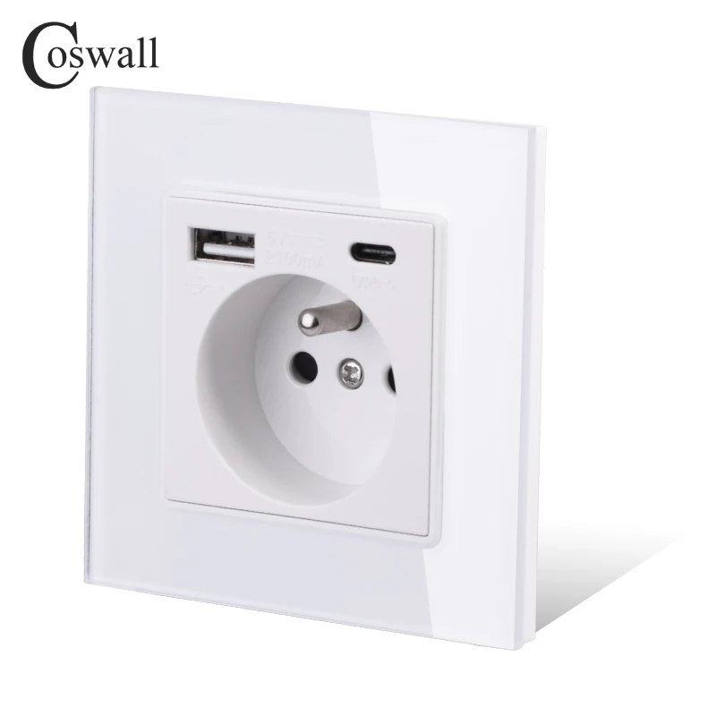 COSWALL French Polish Standard Wall Power Socket Grounded USB Type A & Type-C Charge Port Tempered Glass Panel White C1 Series