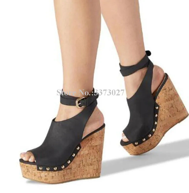 New Design Denim Platform Wedge Sandals Women Sexy Peep Toe Ankle Strap Rivets Gladiator Sandals Lady Real Photos Jeans Sandals