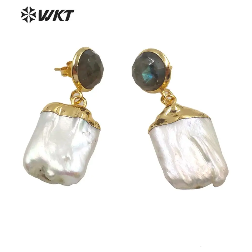 WT-MPE006 woman fashion natural freshwater pearl earring with labradorite stone stud earring gold Electroplated bohe jewelry