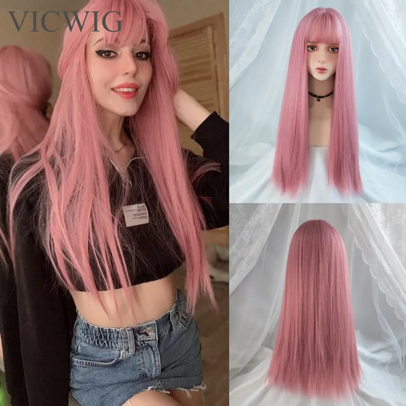 VICWIG Cosplay peruka z grzywką syntetyczne proste włosy 24 Cal długa żaroodporna różowa peruka dla kobiet