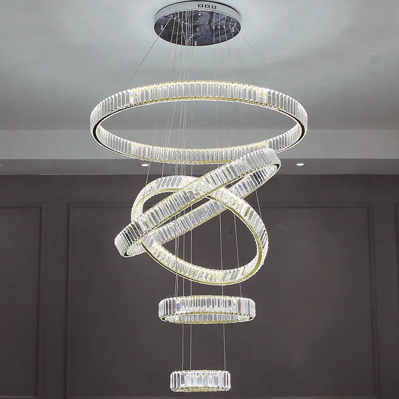 Modern Luxury Round Circle Chrome Gold Crystal Large Chandelier Lighting For Villa Staircase Cristal Living Room Restaurant Lamp