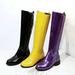 Women Knee High Boots Round Toe Mid Thick Heels Patent PU Leather Fashion Boots Side Zip Winter Boots Black Yellow Purple