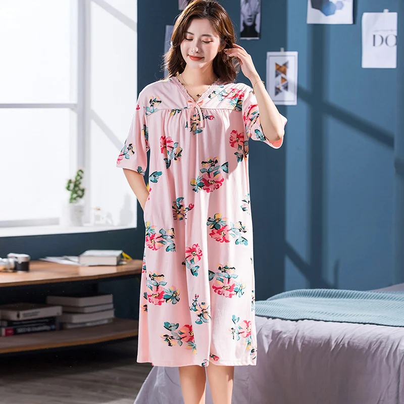 Camisones de algodón de manga corta para mujer, ropa de noche coreana holgada de talla grande 3XL, con cuello en V y encaje, vestido de noche con estampado de flores