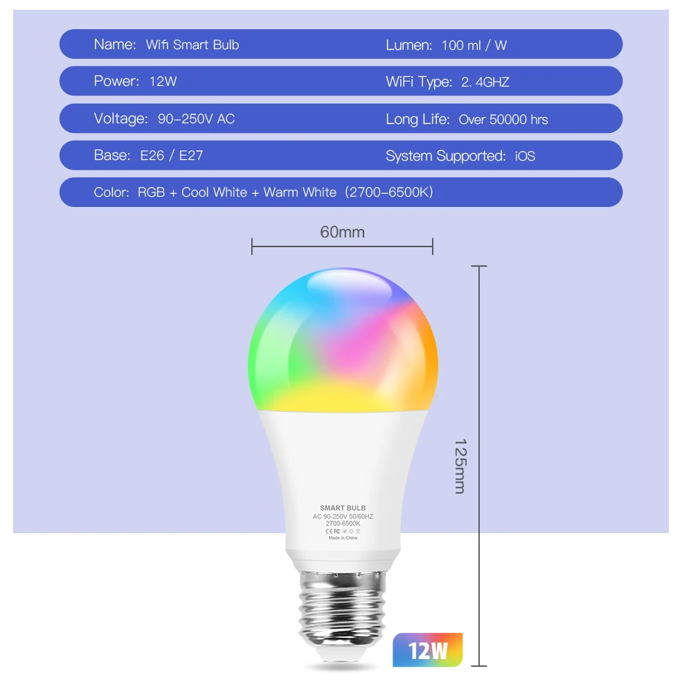 E27 WiFi Smart Light Bulb LED RGB Lamp Work with Alexa/Google Home 90-250V RGB+White+Warm white Dimmable IOS/Android APP Control