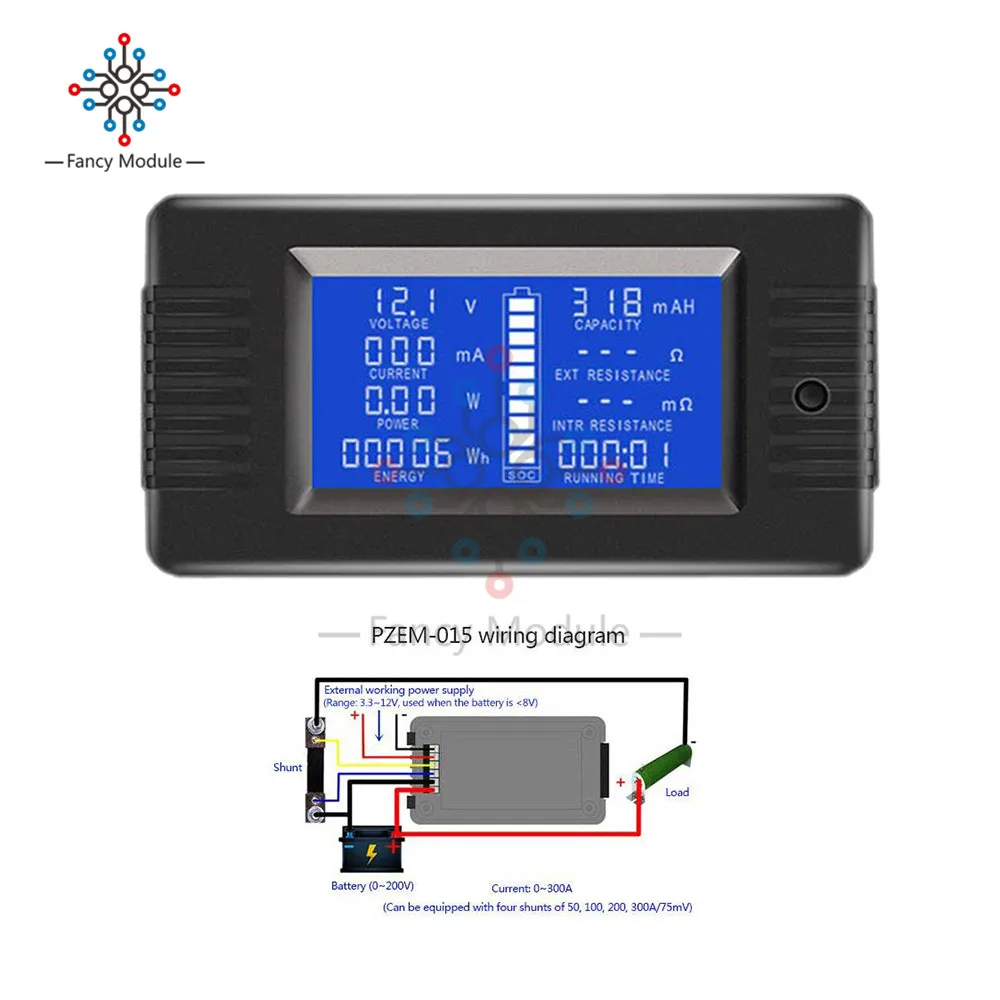 diymore PZEM-015 300A Shunt Battery Tester Voltage Amp Power Capacity Internal & External Resistance Residual Electricity Meter