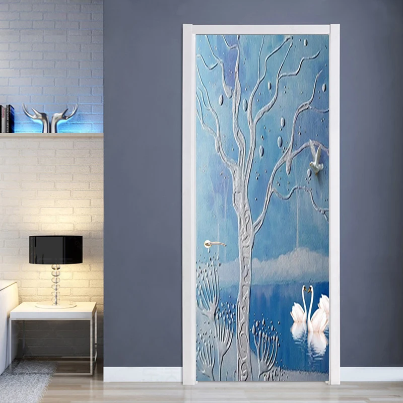 

European Style Blue Swan Lake Tree 3D Door Sticker for Bedroom Bathroom Wall Decoration PVC Waterproof Self-adhesive Photo Mural