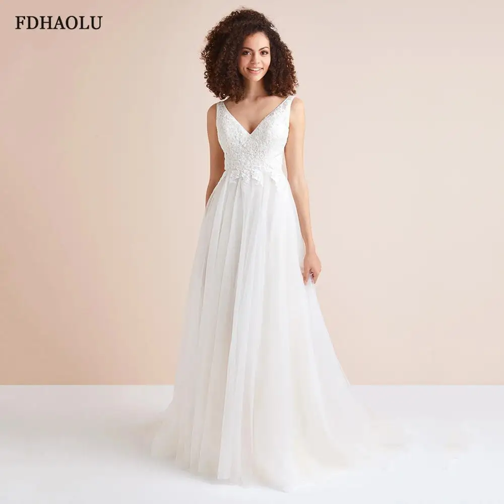 

FDHAOLU FU39 Boho Lace Wedding Dresses Bride Long A Line V Neck Sleeveless Bridal Gowns Vestido De Noiva