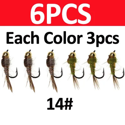 6 stuks # 14 Brass Bead Head Hare's Ear Nymph Fly Snel Zinkende Natuurlijke Fazantenstaart Natte Vliegen Forel Baars Grijze Vlieg Vliegvis Aas