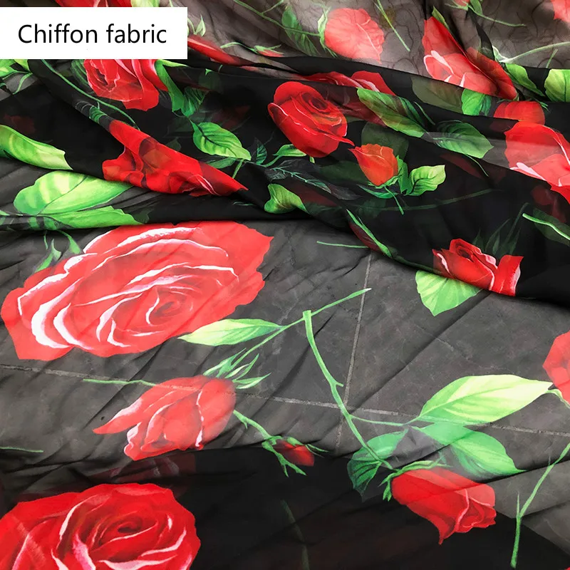 Rose Printed Chiffon Fabric Luxury Brand Fashion Design for Women\'s Skirt Clothing Polyester Stretch Satin Fabrics Cloth