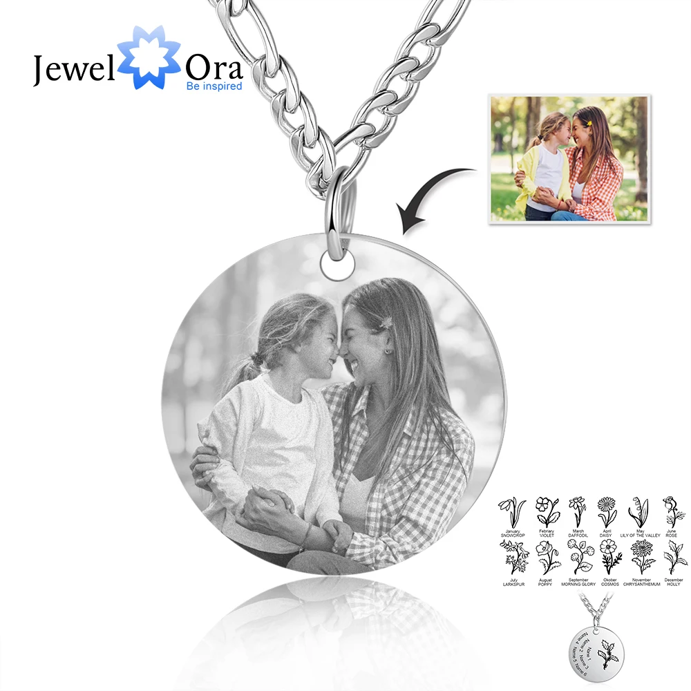 

JewelOra Personalized Engraving Name Birth Month Flower Necklace Stainless Steel Custom Photo Necklaces for Women Mothers Gifts