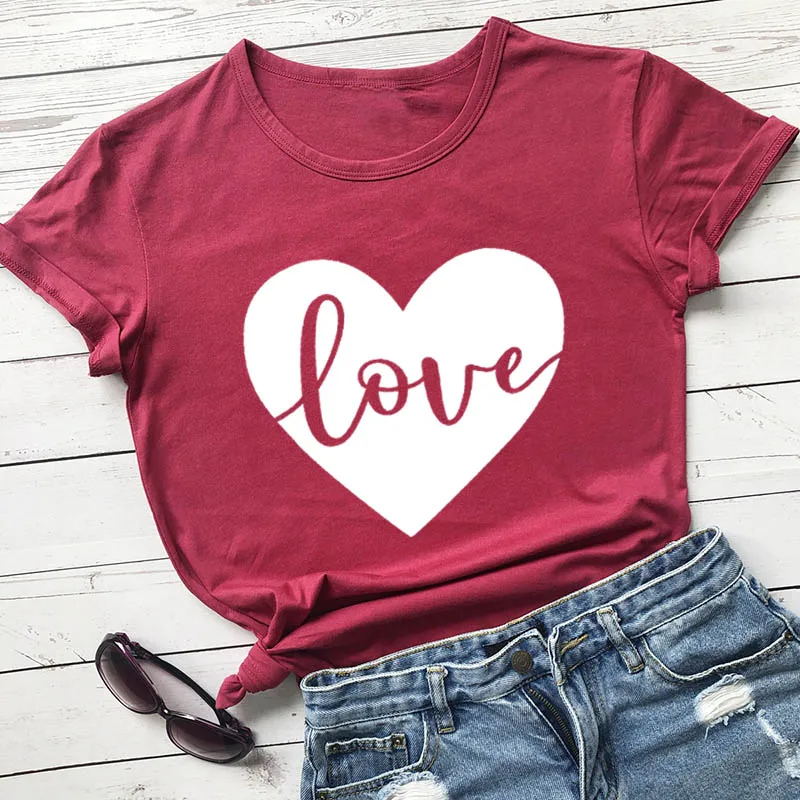 Love with Heart Valentine's Day Shirts New Arrival Women's Funny Casual 100%Cotton Health Material T-Shirt Valentine Gift Shirt