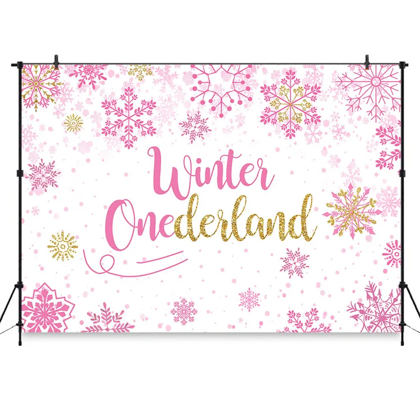 Winter Onederland Party Backdrop Decorations Baby Girls Pink Snowflake First Birthday One-derland Photography Background