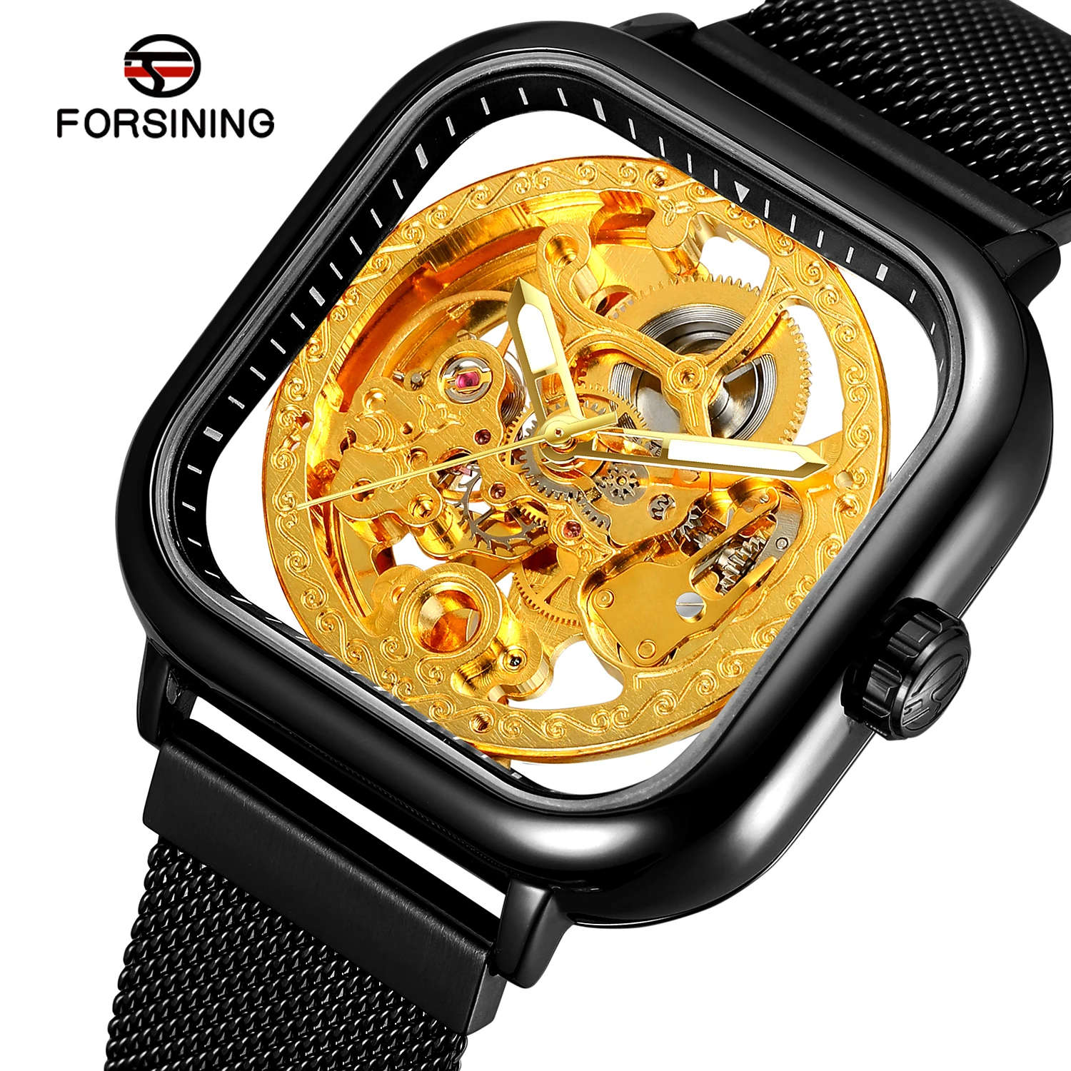 Fashion Forsining Top Men Mechanical Watches Automatic Self-wind Golden Transparent Mesh Steel Wristwatch For Man Male Hot Hour