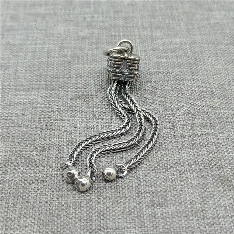 925 Sterling Silver Chinese Double Happiness Tassel Charm for Necklace