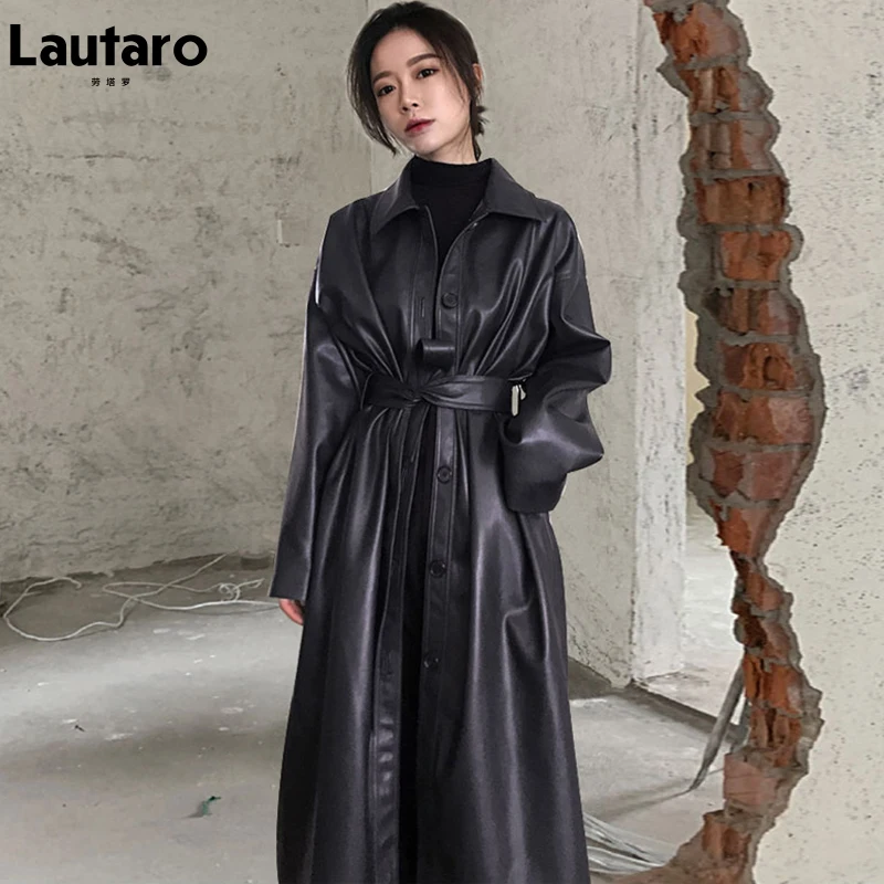 Lautaro Autumn Long Black Cool PU Leather Trench Coat for Women Belt Single Breasted Loose Korean Fashion Wholesale Clothes 2022