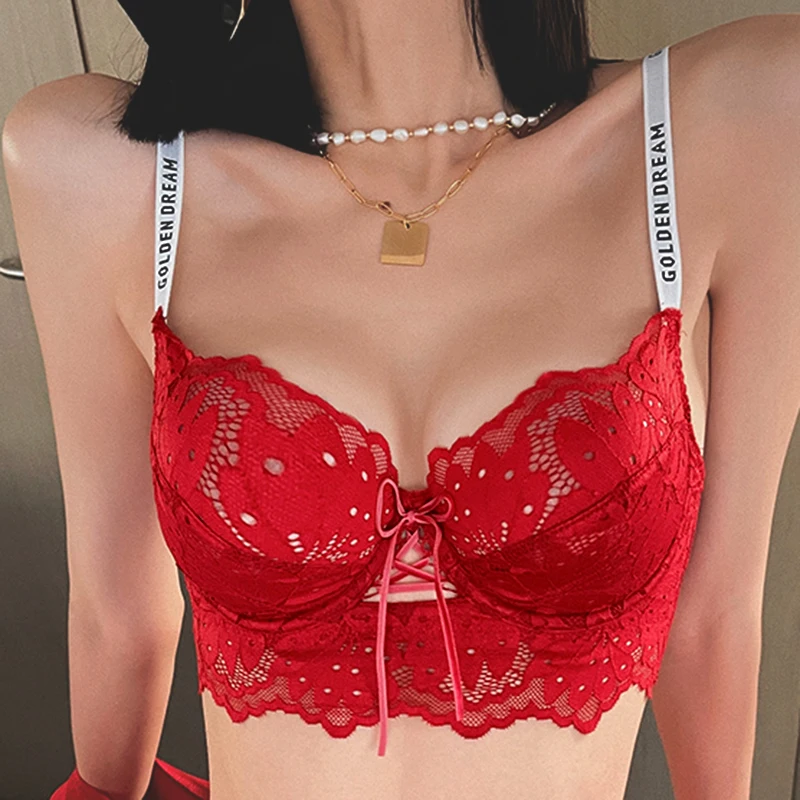 

Letter Straps Red Sexy Lingerie Bra And Panties Sets For Women Plus Size Embroidery Push Up Transparent Bras Lace Underwear Set