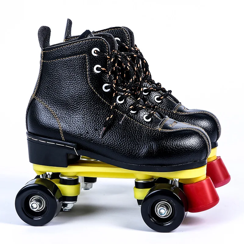 

Factory Sale Directly Black Lether Roller Skates Double Row Durable PU Flash 4-Wheel Adult Kids Man Woman Outdoor Shoes 36-45