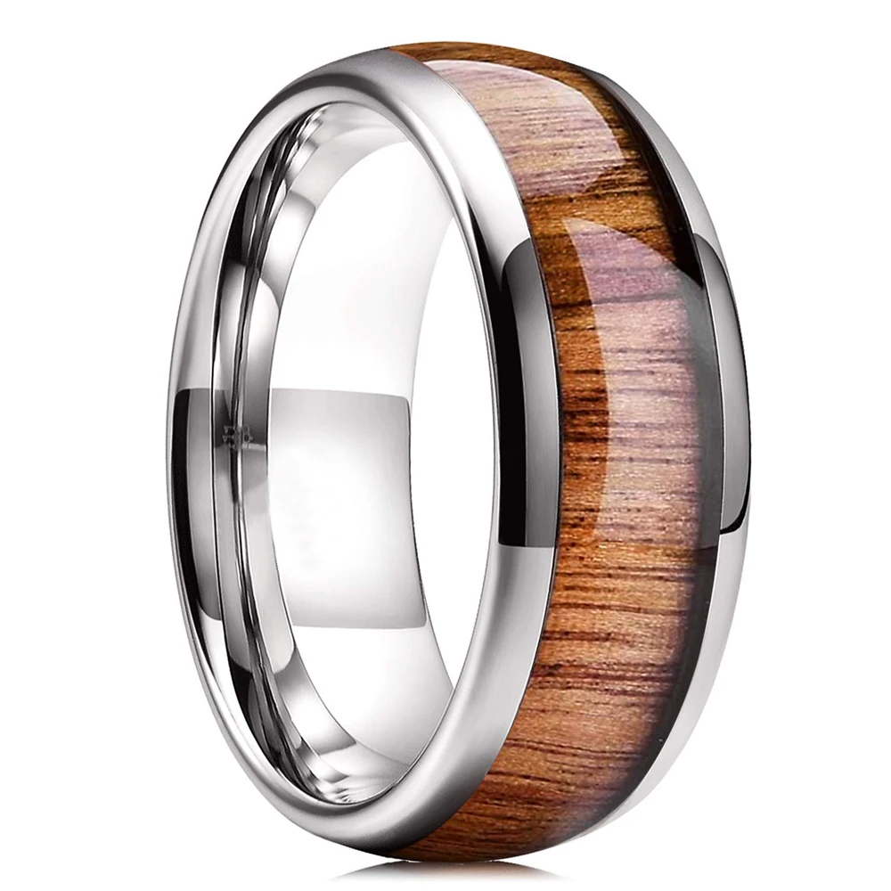 Luxury Mens 8mm Koa Wood Arrow Inlay Titanium Wedding Ring Viking Hunting Stainless Steel Engagement Ring Men Wedding Band Gift