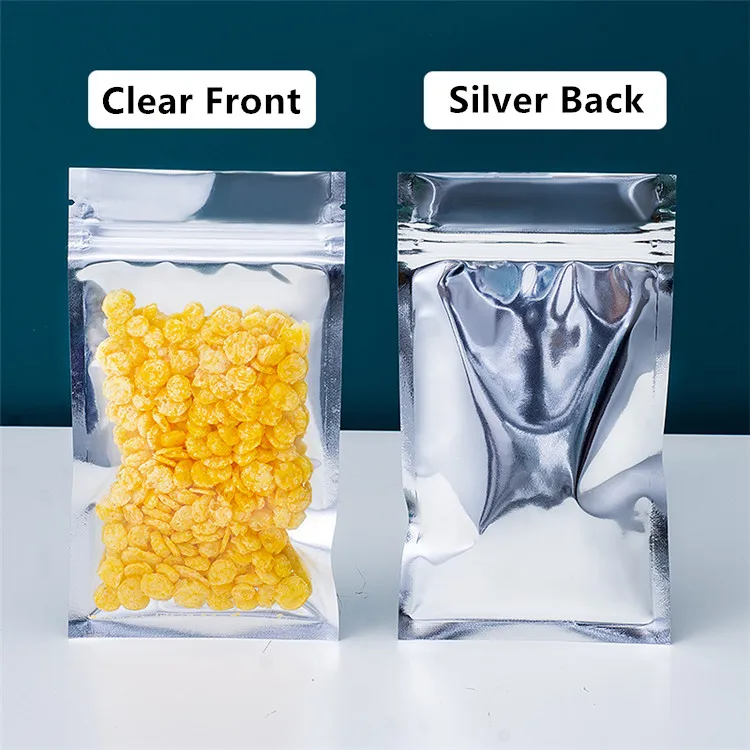 Clear Font Glossy Silver Window Ziplock Bag Resealable Silver Plastic Sugar Candy Coffee Powder Spice Storage Packaging Pouches
