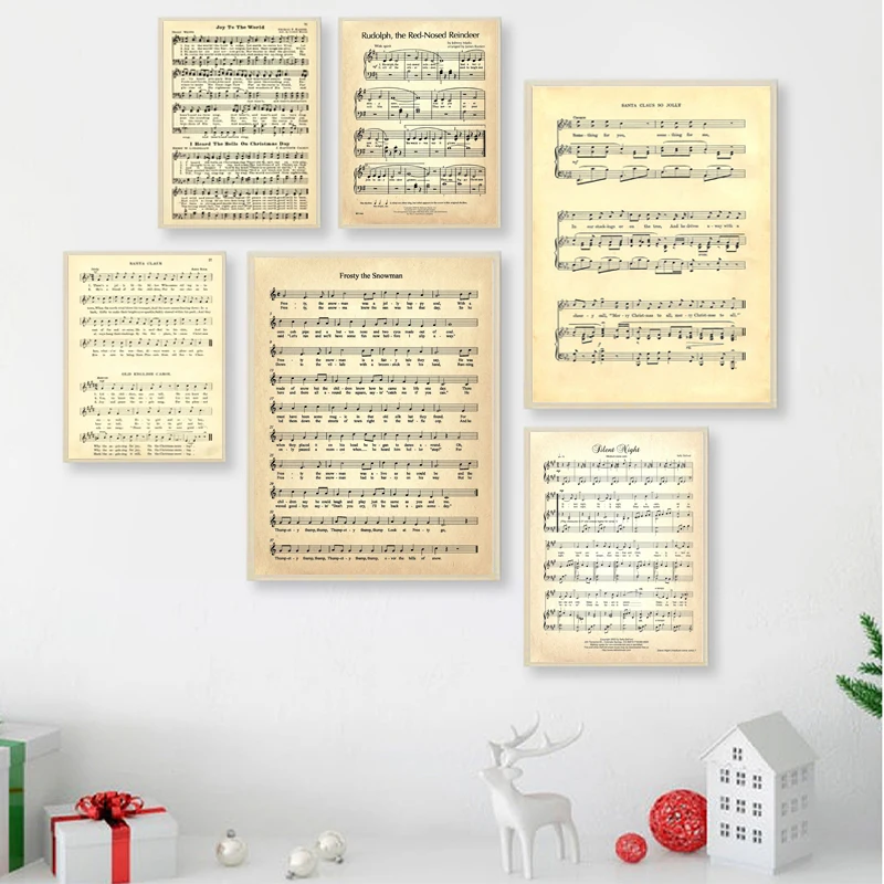CHRISTMAS CAROLS Sheet Music Posters and Prints Wall Decor , Christmas Songs Vintage Piano Music Wall Art Canvas Painting Decor