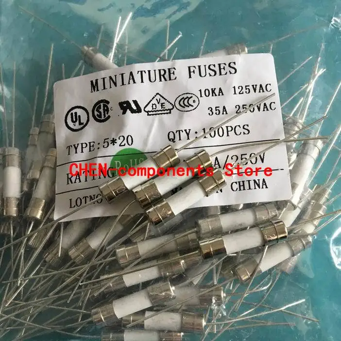 10PCS Ceramic fuse with pins 5*20 0.5A/1A/2A/3A/4A/5A/6A3/8A/10A/12A/15A/20A/25A/30A