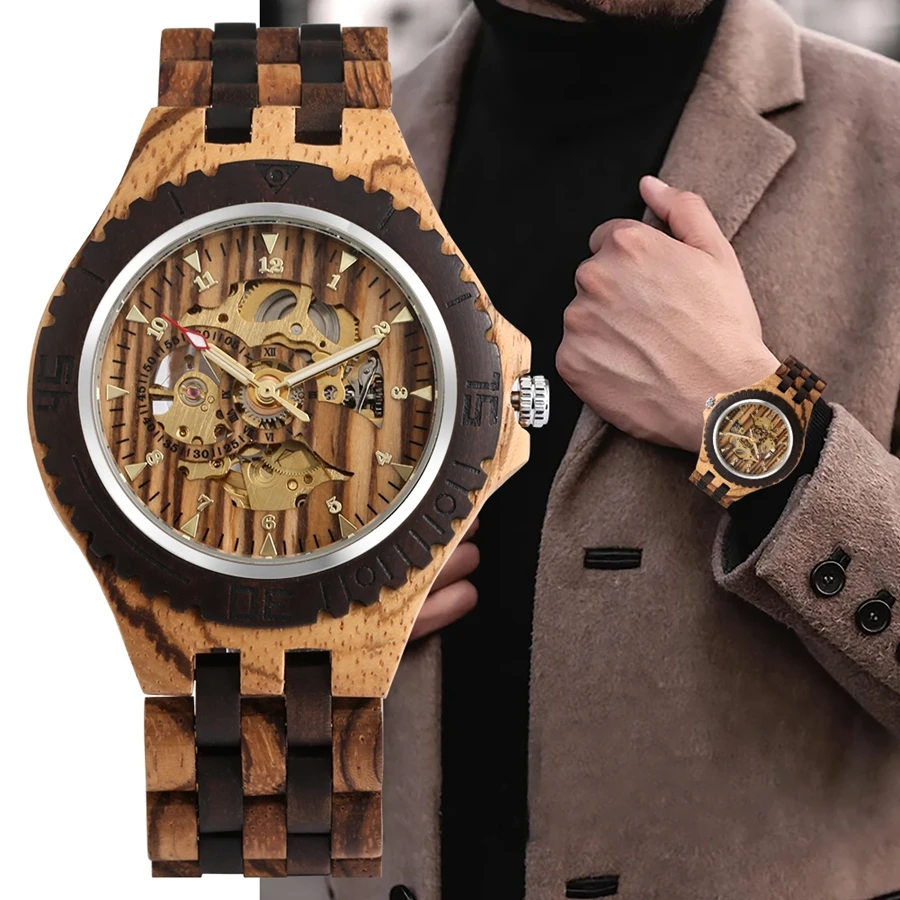 

Men Mechanical Retro Ebony Wooden Automatic Watch for Men Golden Skeleton Arabic Numerals Adjustable Wooden Band Wristwatches