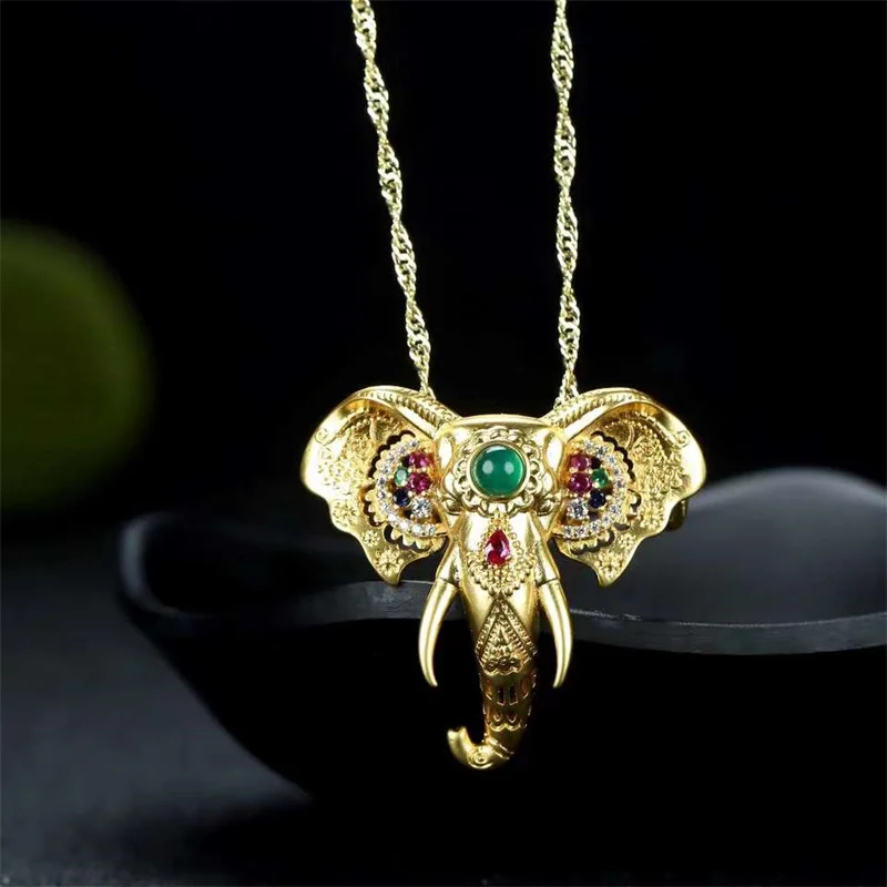 

Hot Selling Natural Hand-carved Jade Inlay Gold Color 24k Elephant Brooch Dual Purpose Necklace Pendant Jewelry Men Women Gifts