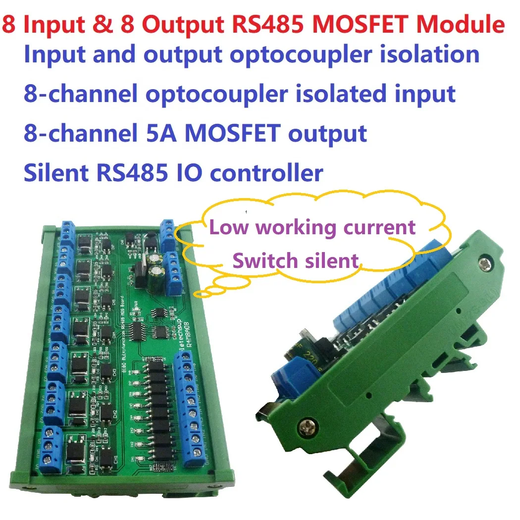 5A DC 6-24V 8I8O Multifunction Modbus RTU MOSFET Module Support 03 06 16 Function Code RS485 Switch Control Board DIN35 Rail Box