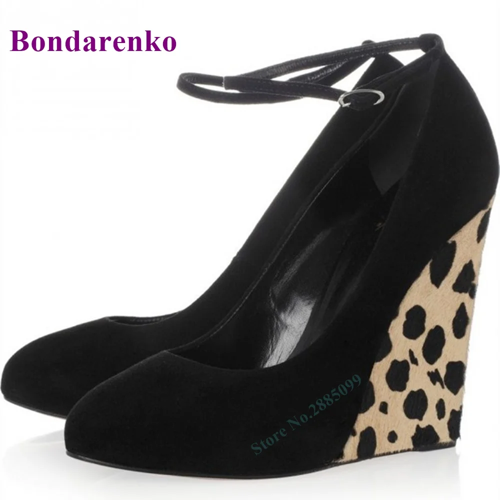 

Black Suede Leopard Print Wedge Pumps High Heel Ankle Strap Shallow Pumps Solid Pointed Toe Women Spring Summer Party Dress Pump