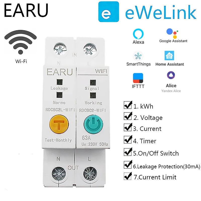 

2P WIFI Circuit Breaker Energy Power kWh Meter Time Timer Switch Relay Voltmeter Current Leakage Protection RCCB RCBO Limitter