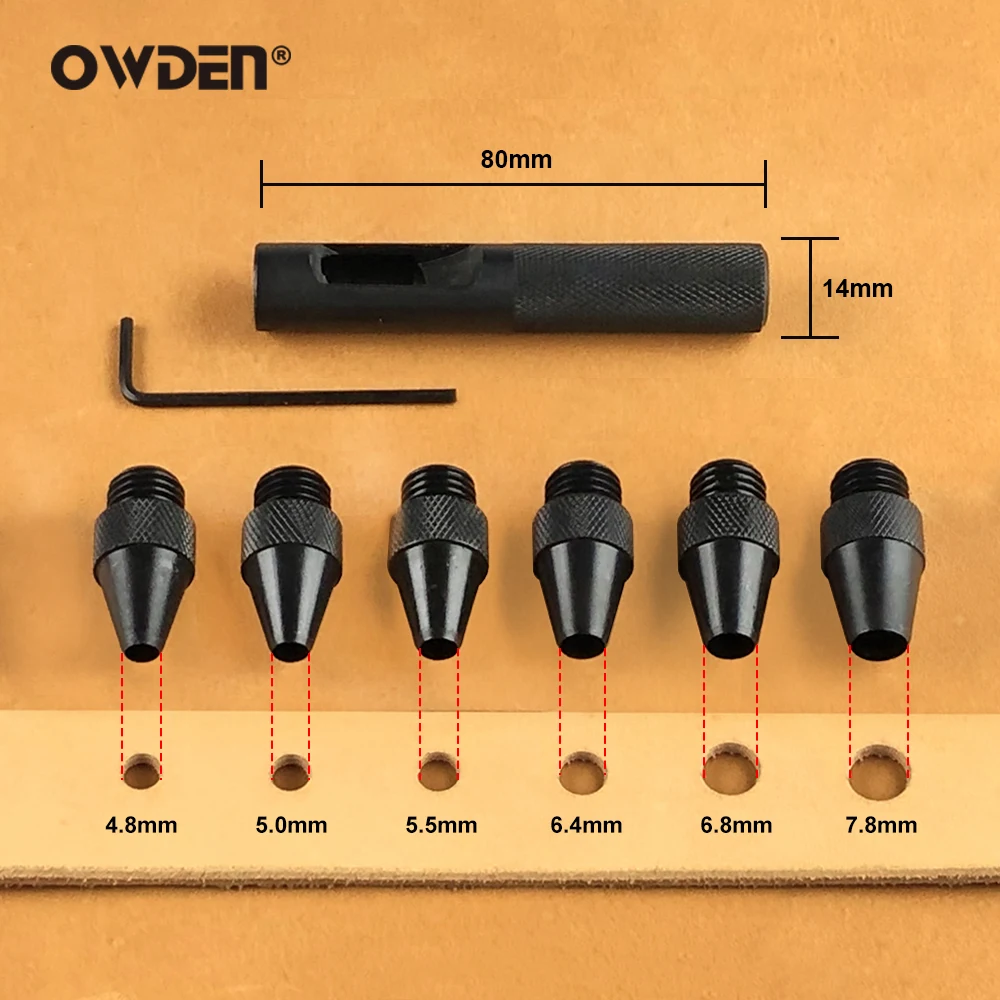 OWDEN 6 in 1 Replaceable Leather Hole Punch Set 4.8/5.0/5.5/6.4/6.8/7.8mm Belt Puncher Round Punching Leather Tools for Punching