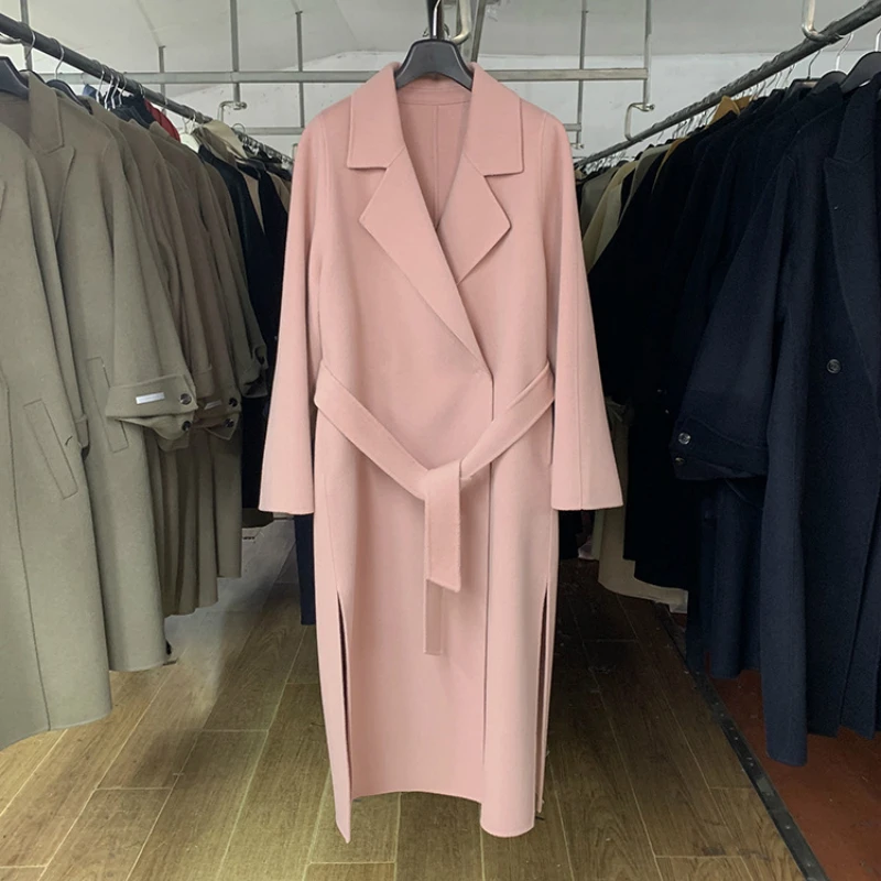 Inverno coreano 2020 donne di fascia alta lungo spacco laterale 100% lana fatto a mano rosa bifacciale cappotto allacciatura cintura giacca di lana