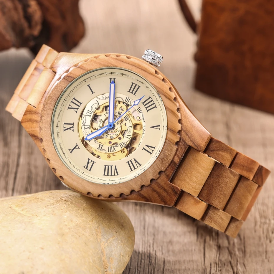 Olive Wood Luminous Needle Automatic Watch for Men Roman Numeral Yellow Adjustable Wooden Band Skeleton Mechanical Wristwatches