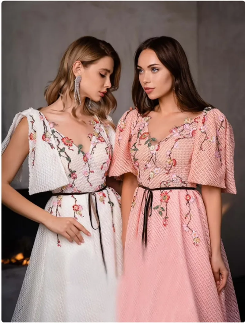 Robe de soirée de noël à manches courtes pour femmes, tenue de bal originale, élégante, longue traîne, légère, Simple, brodée