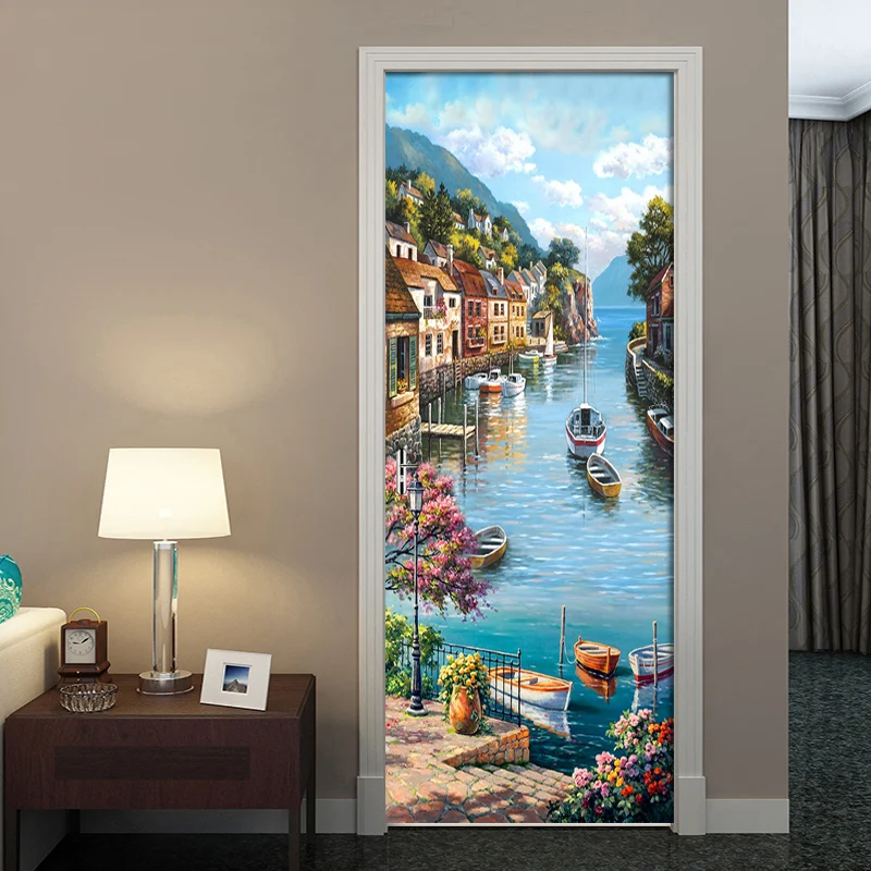 

PVC Self-adhesive Door Sticker Oil Painting Street Lake View Waterproof Wallpaper For Living Room Bedroom Door Mural Decal Decor