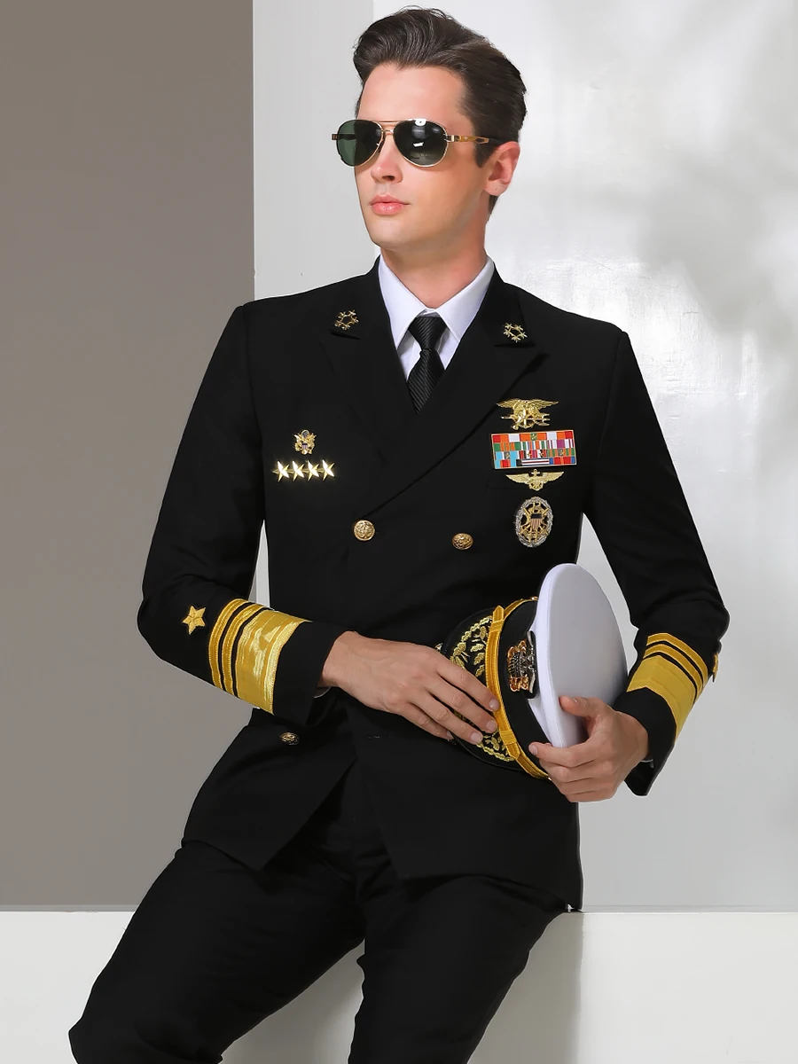 American Captain Uniform Pilot Colonel Suits Men Stage Performance Black Costumes Business Casual Blazer Suit