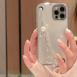 6D Plating Pearls Wrist Chain Phone case for iphone 13 15 14 Pro Max 12 11Pro X XS 7 8 plus Coque Blingbling Crystal Strap Cover