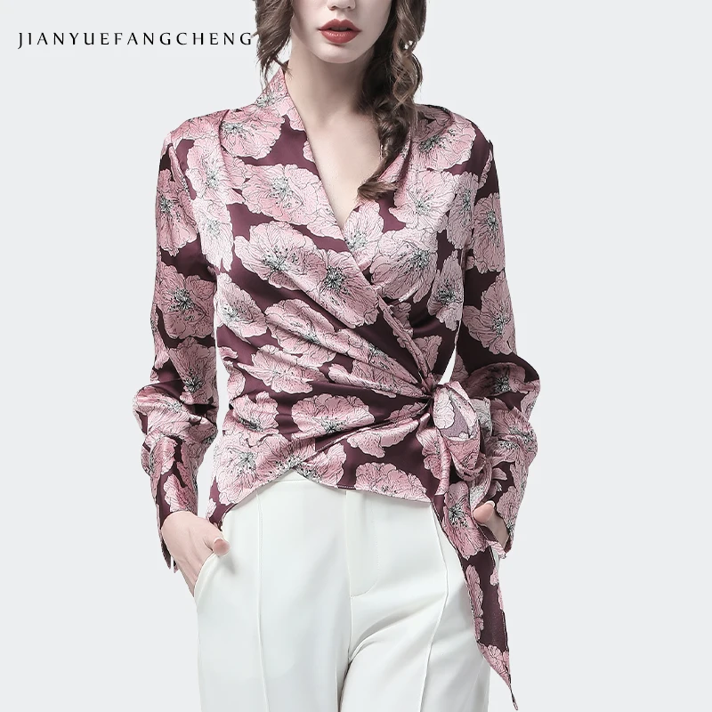 Satin Ladies Blouse Elegant Rich Peony Flowers Printed V-Neck Long Sleeve Top Blouses With Belt Plus Size Autumn Lady Cardigan