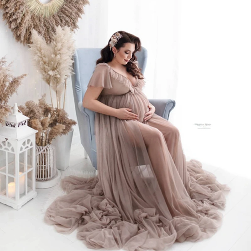 Sexy See Thru Khaki Maternity Dresses For Photo Shoot Tulle Ruffle Long Robes Baby Shower Party Gowns Classic Simple Custom Made