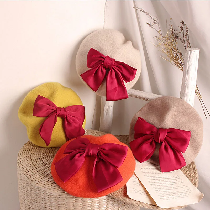 Autumn Winter Kids Fashion Wool Red Big Bowknot Beret For Girls Children Beanie Painter Cap Baby Hats Bonnet