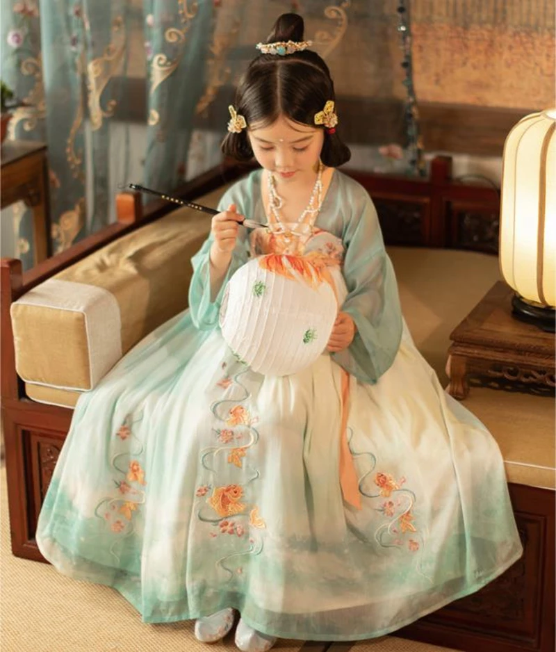 

Children Hanfu girl brocade scale chest dress fairy Chinese style koi embroidery spring and summer ancient performance clothing