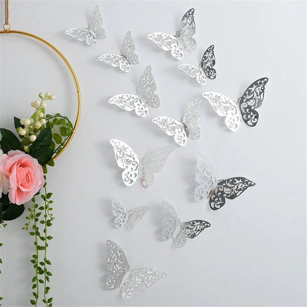 12 pz/set 3D Hollow Butterfly Wall decalcomanie adesivi farfalle fai da te Art Wall Decor Wedding Festival Wallpaper decorazione della casa