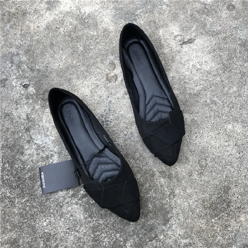 New 2021 Spring Women's Flat Shoes Flock Bow Ballet Flats Pointed Toe Slip On Moccasins Ladies Loafers Soft Casual Shoes Female