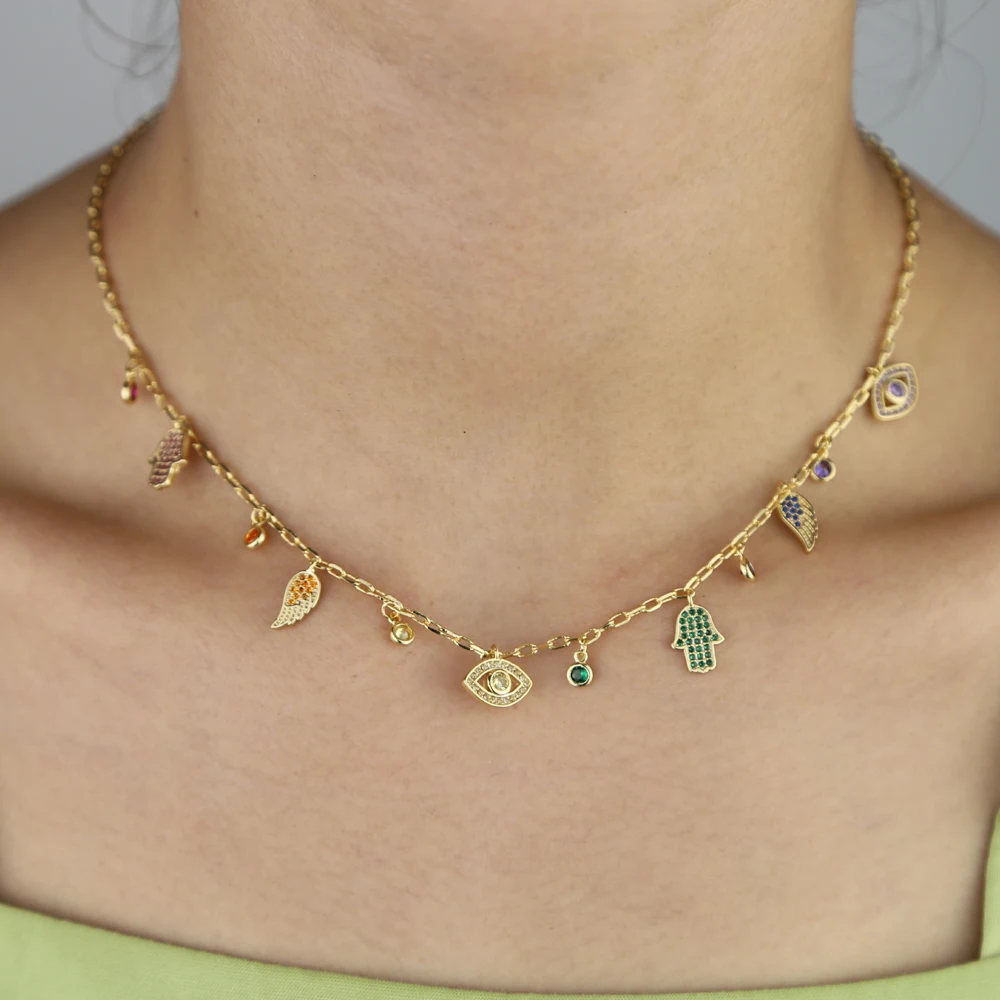 New sexy women jewelry lucky hamsa hand evil eye cham necklaces silver color paved cz jewelry necklace