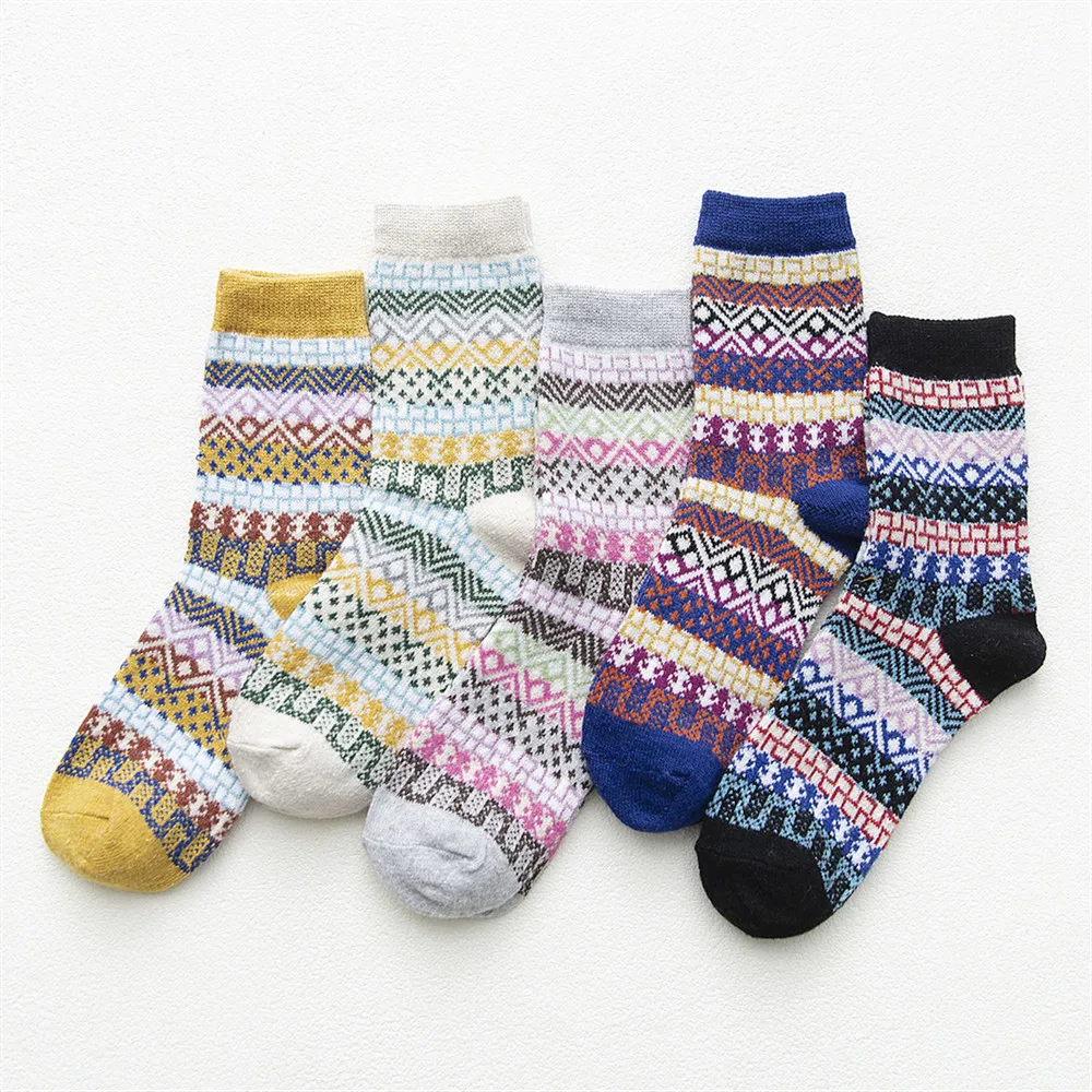 HSS Brand Fashion Women Winter Socks Warm Thicken Rabbit Wool Socks Casual Breathable Ethnic Style Student Girl's Socks 5 Pairs