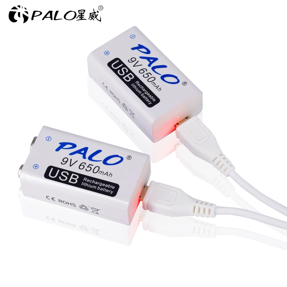 PALO 4pcs USB 9V 6F22 650mAh Rechargeable Battery 9 volt 650 mAh lithium li-ion li ion liion fast charging batteries