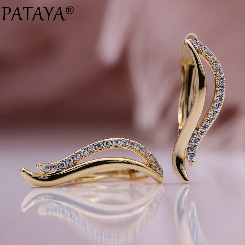 PATAYA New Hollow Leaf Small  Earrings Women 585 Rose Gold Color Drop Earrings Cute Daily Party Natural Zircon Fashion Jewelry